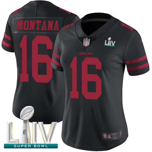 49ers #16 Joe Montana Black Alternate Super Bowl LIV Bound Women's Stitched Football Vapor Untouchable Limited Jersey - Click Image to Close