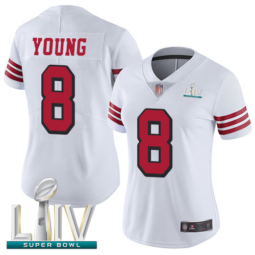 49ers #8 Steve Young White Rush Super Bowl LIV Bound Women's Stitched Football Vapor Untouchable Limited Jersey - Click Image to Close