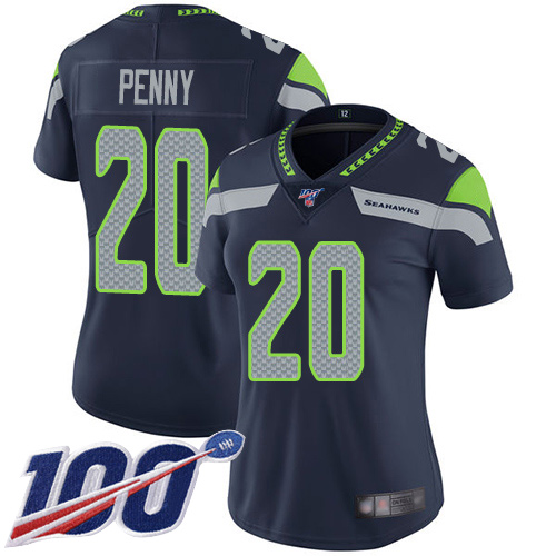 Seahawks #20 Rashaad Penny Steel Blue Team Color Women's Stitched Football 100th Season Vapor Limited Jersey