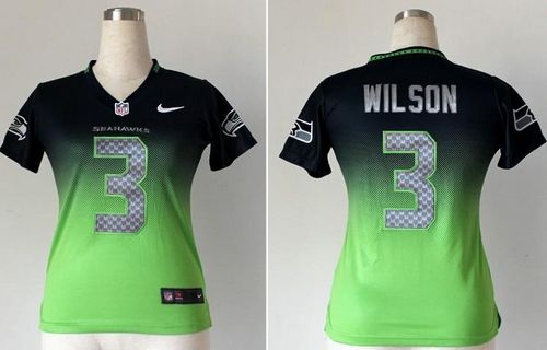 Nike Seahawks #3 Russell Wilson Steel Blue/Green Women's Stitched NFL Elite Fadeaway Fashion Jersey