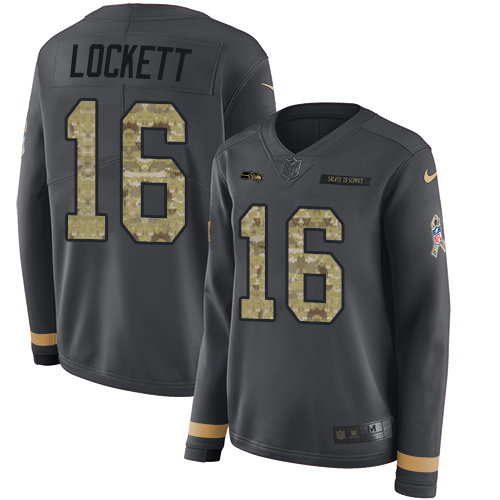 Nike Seahawks #16 Tyler Lockett Anthracite Salute to Service Women's Stitched NFL Limited Therma Long Sleeve Jersey - Click Image to Close