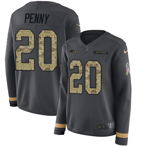 Nike Seahawks #20 Rashaad Penny Anthracite Salute to Service Women's Stitched NFL Limited Therma Long Sleeve Jersey - Click Image to Close