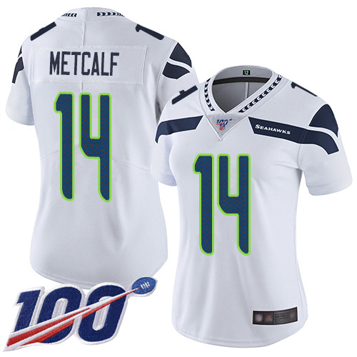 Seahawks #14 D.K. Metcalf White Women's Stitched Football 100th Season Vapor Limited Jersey - Click Image to Close