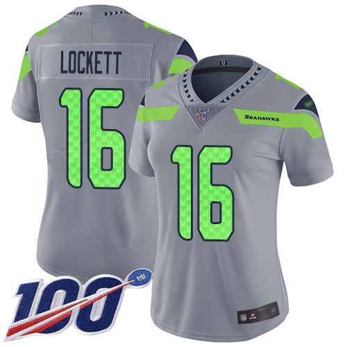 Seahawks #16 Tyler Lockett Gray Women's Stitched Football Limited Inverted Legend 100th Season Jersey - Click Image to Close