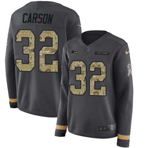 Nike Seahawks #32 Chris Carson Anthracite Salute to Service Women's Stitched NFL Limited Therma Long Sleeve Jersey - Click Image to Close