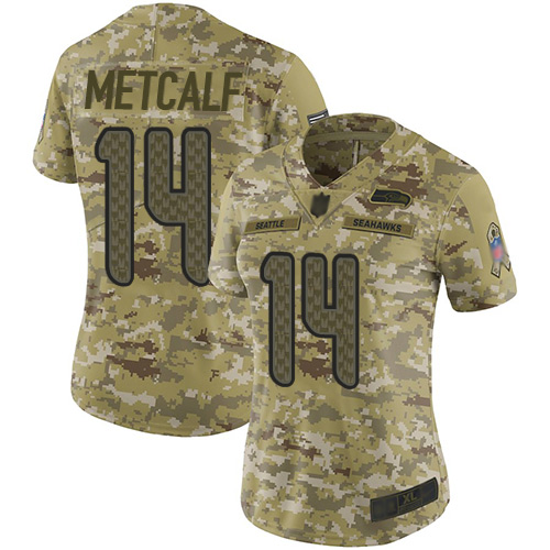 Seahawks #14 D.K. Metcalf Camo Women's Stitched Football Limited 2018 Salute to Service Jersey - Click Image to Close