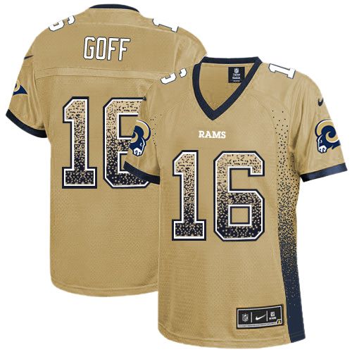 Nike Rams #16 Jared Goff Gold Women's Stitched NFL Elite Drift Fashion Jersey - Click Image to Close