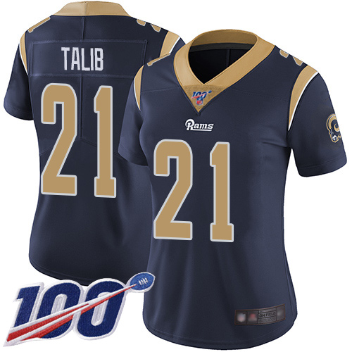 Rams #21 Aqib Talib Navy Blue Team Color Women's Stitched Football 100th Season Vapor Limited Jersey