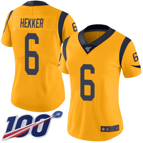 Rams #6 Johnny Hekker Gold Women's Stitched Football Limited Rush 100th Season Jersey - Click Image to Close