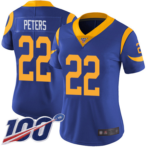 Rams #22 Marcus Peters Royal Blue Alternate Women's Stitched Football 100th Season Vapor Limited Jersey - Click Image to Close