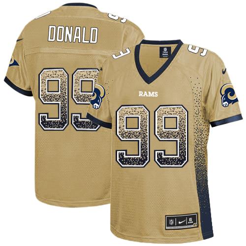 Nike Rams #99 Aaron Donald Gold Women's Stitched NFL Elite Drift Fashion Jersey - Click Image to Close