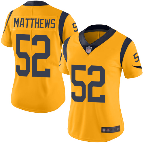 Nike Rams #52 Clay Matthews Gold Women's Stitched NFL Limited Rush Jersey - Click Image to Close