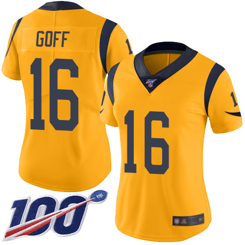 Rams #16 Jared Goff Gold Women's Stitched Football Limited Rush 100th Season Jersey - Click Image to Close