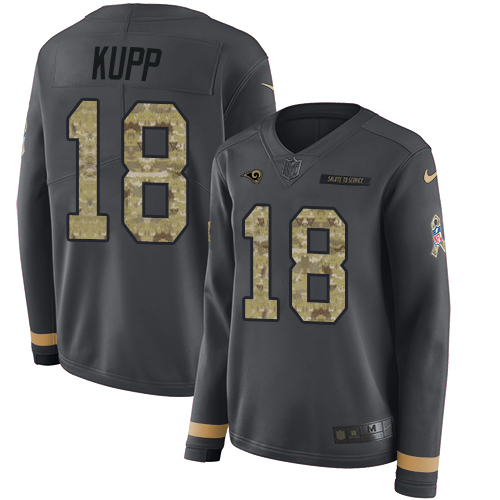 Nike Rams #18 Cooper Kupp Anthracite Salute to Service Women's Stitched NFL Limited Therma Long Sleeve Jersey - Click Image to Close