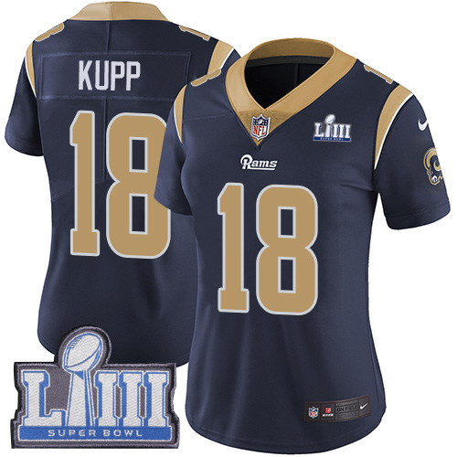 Nike Rams #18 Cooper Kupp Navy Blue Team Color Super Bowl LIII Bound Women's Stitched NFL Vapor Untouchable Limited Jersey - Click Image to Close