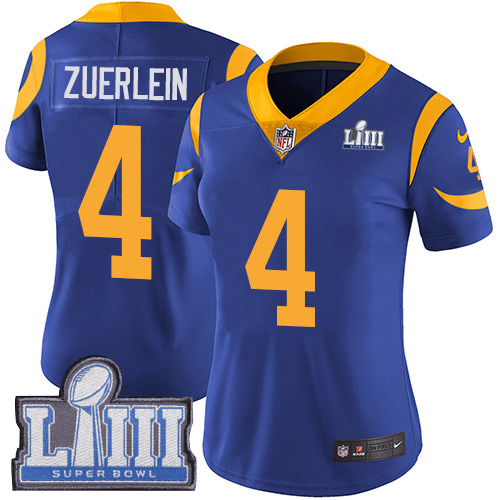 Nike Rams #4 Greg Zuerlein Royal Blue Alternate Super Bowl LIII Bound Women's Stitched NFL Vapor Untouchable Limited Jersey - Click Image to Close