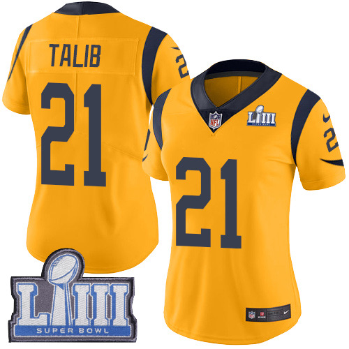 Nike Rams #21 Aqib Talib Gold Super Bowl LIII Bound Women's Stitched NFL Limited Rush Jersey