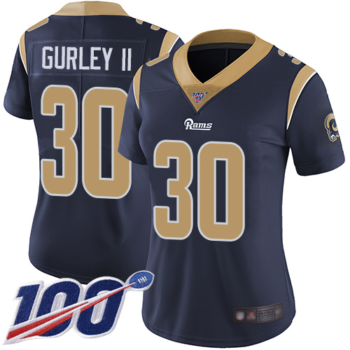 Rams #30 Todd Gurley II Navy Blue Team Color Women's Stitched Football 100th Season Vapor Limited Jersey - Click Image to Close