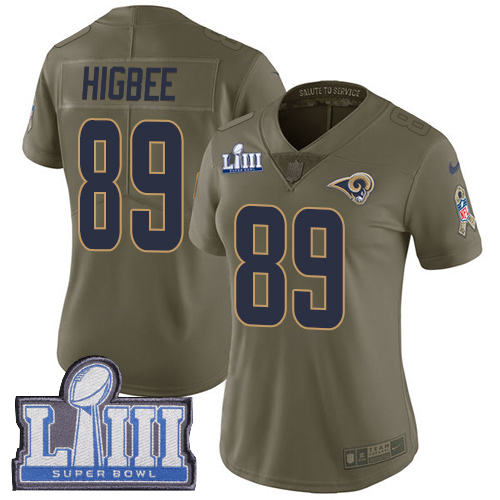 Nike Rams #89 Tyler Higbee Olive Super Bowl LIII Bound Women's Stitched NFL Limited 2017 Salute to Service Jersey