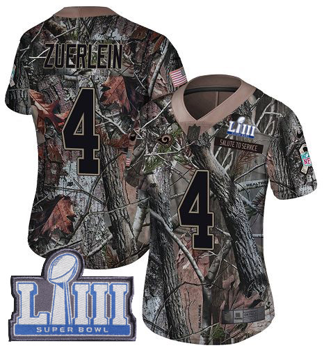 Nike Rams #4 Greg Zuerlein Camo Super Bowl LIII Bound Women's Stitched NFL Limited Rush Realtree Jersey