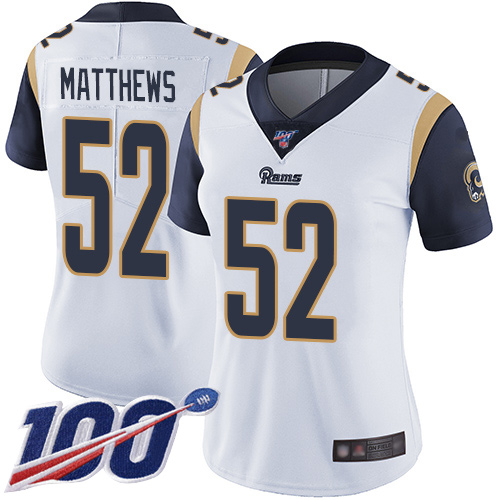 Rams #52 Clay Matthews White Women's Stitched Football 100th Season Vapor Limited Jersey - Click Image to Close