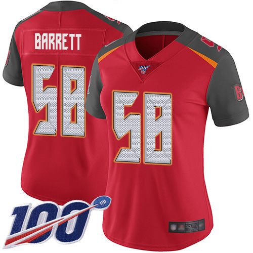 Buccaneers #58 Shaquil Barrett Red Team Color Women's Stitched Football 100th Season Vapor Limited Jersey - Click Image to Close