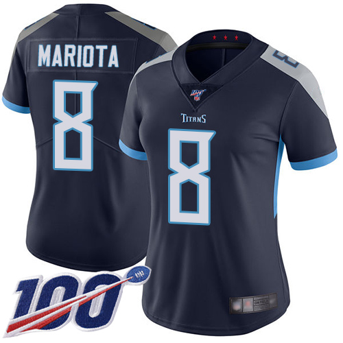 Titans #8 Marcus Mariota Navy Blue Team Color Women's Stitched Football 100th Season Vapor Limited Jersey - Click Image to Close