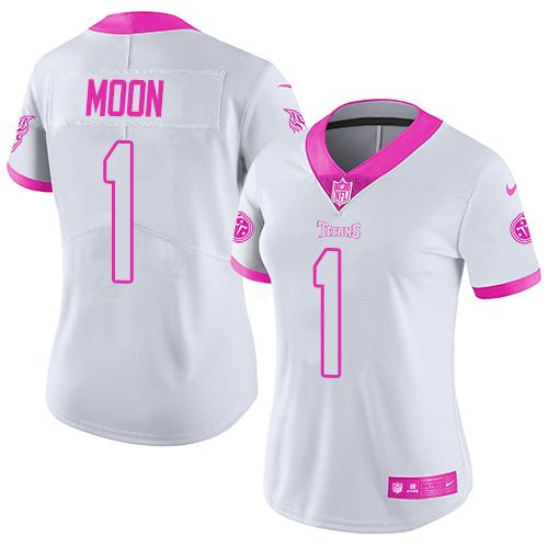 Nike Titans #1 Warren Moon White/Pink Women's Stitched NFL Limited Rush Fashion Jersey - Click Image to Close