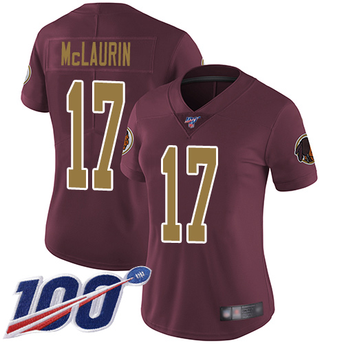 Redskins #17 Terry McLaurin Burgundy Red Alternate Women's Stitched Football 100th Season Vapor Limited Jersey