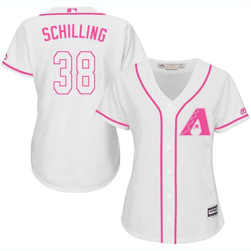 Diamondbacks #38 Curt Schilling White/Pink Fashion Women's Stitched MLB Jersey