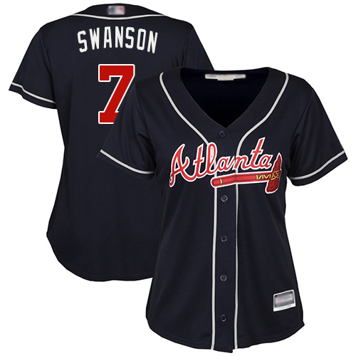 Braves #7 Dansby Swanson Navy Blue Alternate Women's Stitched MLB Jersey