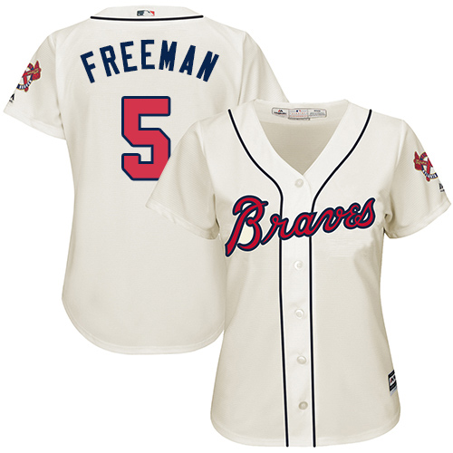 Braves #5 Freddie Freeman Cream Alternate Women's Stitched MLB Jersey - Click Image to Close