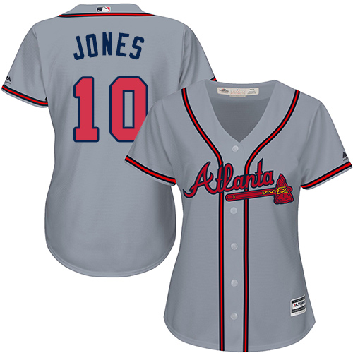 Braves #10 Chipper Jones Grey Road Women's Stitched MLB Jersey - Click Image to Close