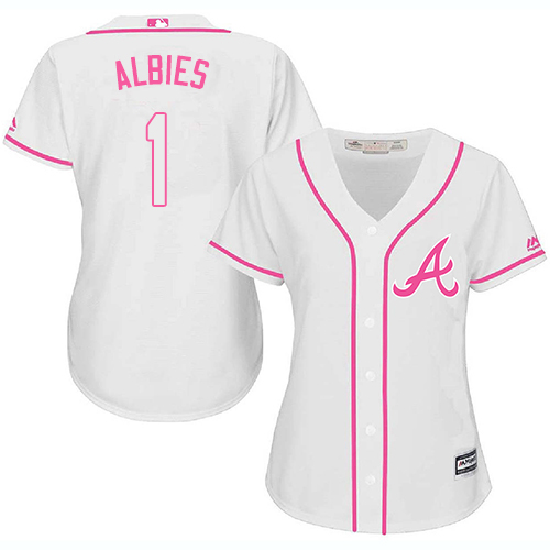 Braves #1 Ozzie Albies White/Pink Fashion Women's Stitched MLB Jersey - Click Image to Close