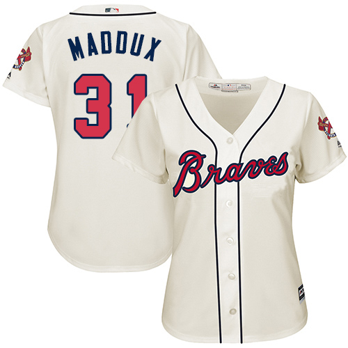 Braves #31 Greg Maddux Cream Alternate Women's Stitched MLB Jersey - Click Image to Close