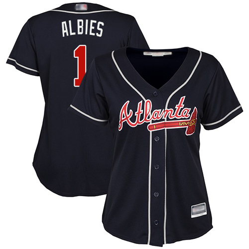 Braves #1 Ozzie Albies Navy Blue Alternate Women's Stitched MLB Jersey - Click Image to Close