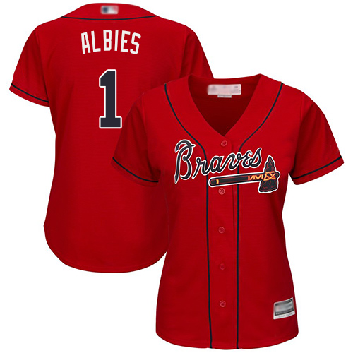 Braves #1 Ozzie Albies Red Alternate Women's Stitched MLB Jersey - Click Image to Close