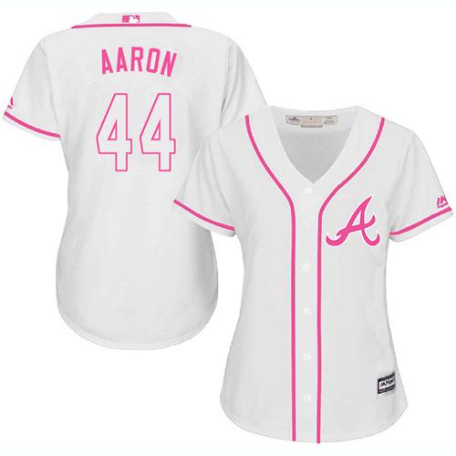 Braves #44 Hank Aaron White/Pink Fashion Women's Stitched MLB Jersey - Click Image to Close