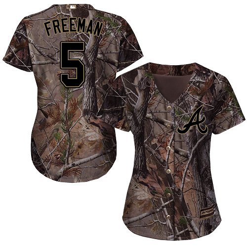 Braves #5 Freddie Freeman Camo Realtree Collection Cool Base Women's Stitched MLB Jersey