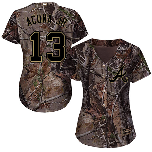 Braves #13 Ronald Acuna Jr. Camo Realtree Collection Cool Base Women's Stitched MLB Jersey