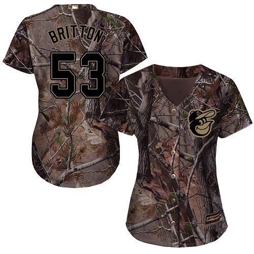 Orioles #53 Zach Britton Camo Realtree Collection Cool Base Women's Stitched MLB Jersey