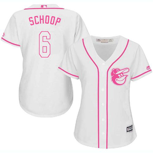 Orioles #6 Jonathan Schoop White/Pink Fashion Women's Stitched MLB Jersey - Click Image to Close