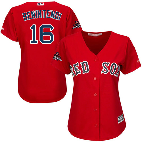 Red Sox #16 Andrew Benintendi Red Alternate 2018 World Series Champions Women's Stitched MLB Jersey - Click Image to Close