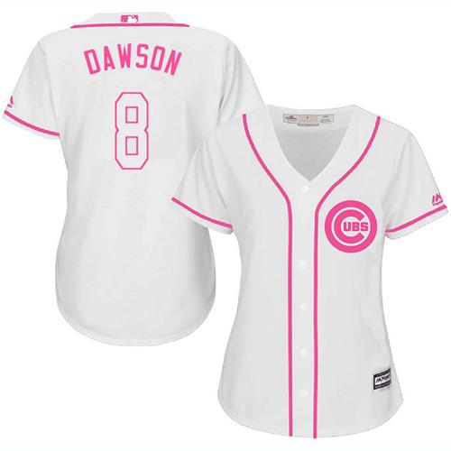 Cubs #8 Andre Dawson White/Pink Fashion Women's Stitched MLB Jersey - Click Image to Close