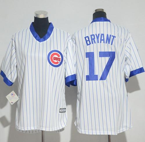 Cubs #17 Kris Bryant White(Blue Strip) Cooperstown Women's Stitched MLB Jersey - Click Image to Close