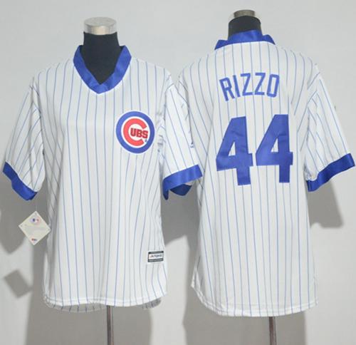 Cubs #44 Anthony Rizzo White(Blue Strip) Cooperstown Women's Stitched MLB Jersey - Click Image to Close