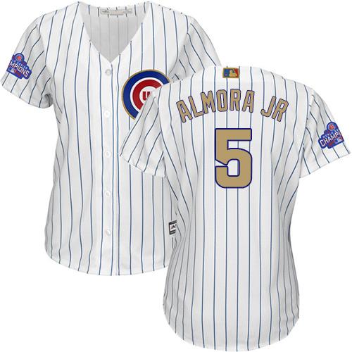 Cubs #5 Albert Almora Jr. White(Blue Strip) 2017 Gold Program Cool Base Women's Stitched MLB Jersey