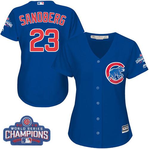 Cubs #23 Ryne Sandberg Blue Alternate 2016 World Series Champions Women's Stitched MLB Jersey - Click Image to Close