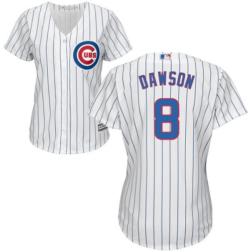 Cubs #8 Andre Dawson White(Blue Strip) Home Women's Stitched MLB Jersey - Click Image to Close