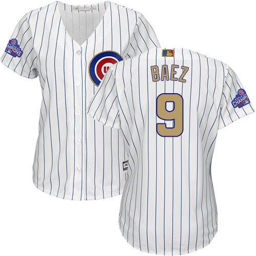 Cubs #9 Javier Baez White(Blue Strip) 2017 Gold Program Cool Base Women's Stitched MLB Jersey